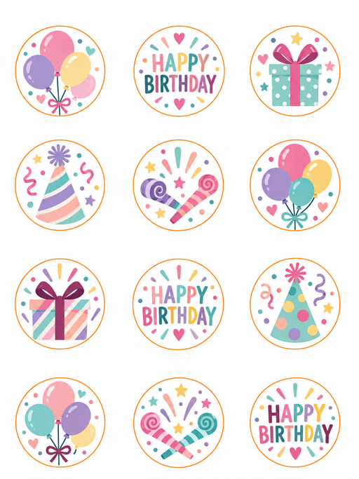 Pre-Printed & Pre-Cut Birthday Sugar Sheet Circles – Set of 12