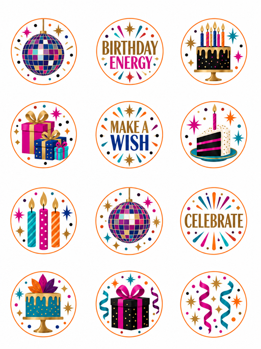 Pre-Printed & Pre-Cut Birthday Sugar Sheet Circles – Set of 12