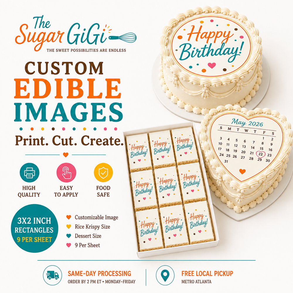 Custom edible images for cakes and treats - circles, hearts and 3x2 rectangles - The Sugar Gigi